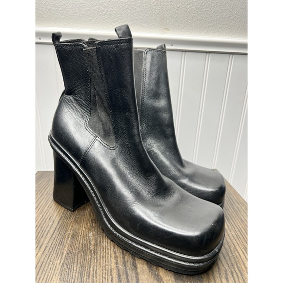 MIA Vintage Y2K 90s Black Leather Chunky Square Toe Block Heel Ankle Boots - Picture 1 of 13